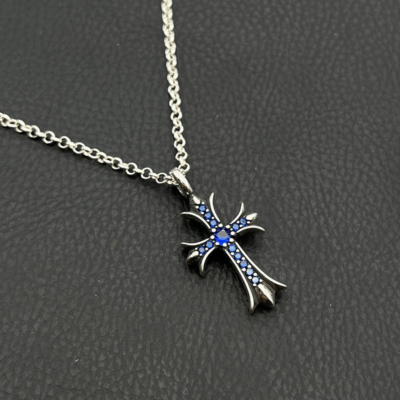 Authentic Chrome Hearts Chrome Hearts Blue Sapphire Tiny Cross Pendant Necklace – front view