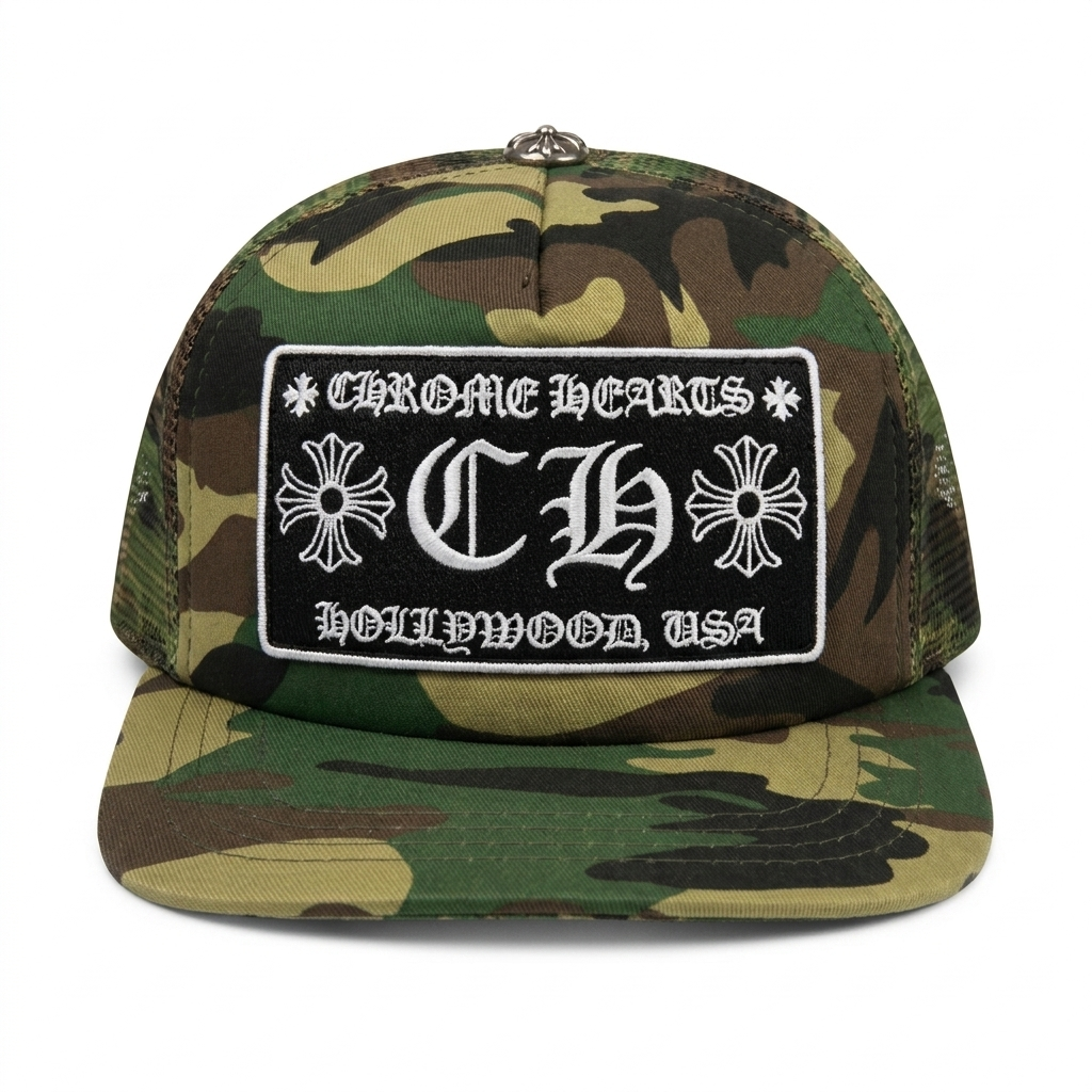 Chrome Hearts CH Hollywood Trucker Hat – Camo – hat front view