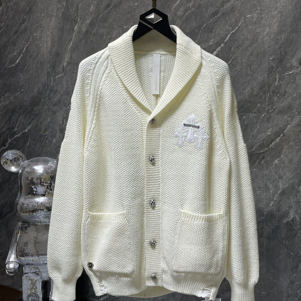 Chrome Hearts Cashmere Cross Patch Cardigan Beige – hoodie front view