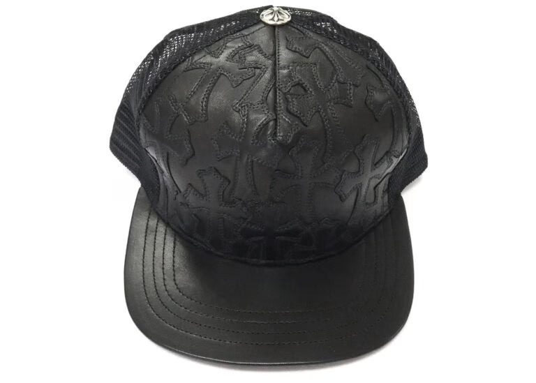Authentic Chrome Hearts Chrome Hearts Cemetary Cross Leather Stitched Trucker Black Hat â€“ front view