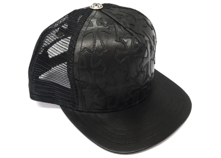Authentic Chrome Hearts Chrome Hearts Cemetary Cross Leather Stitched Trucker Black Hat â€“ front view