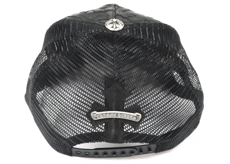 Authentic Chrome Hearts Chrome Hearts Cemetary Cross Leather Stitched Trucker Black Hat â€“ front view