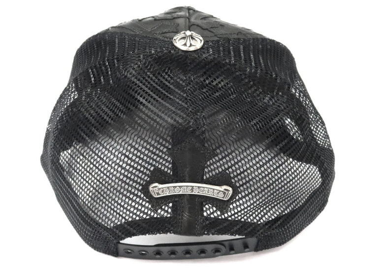 Authentic Chrome Hearts Chrome Hearts Cemetary Cross Leather Stitched Trucker Hat – Black – front view