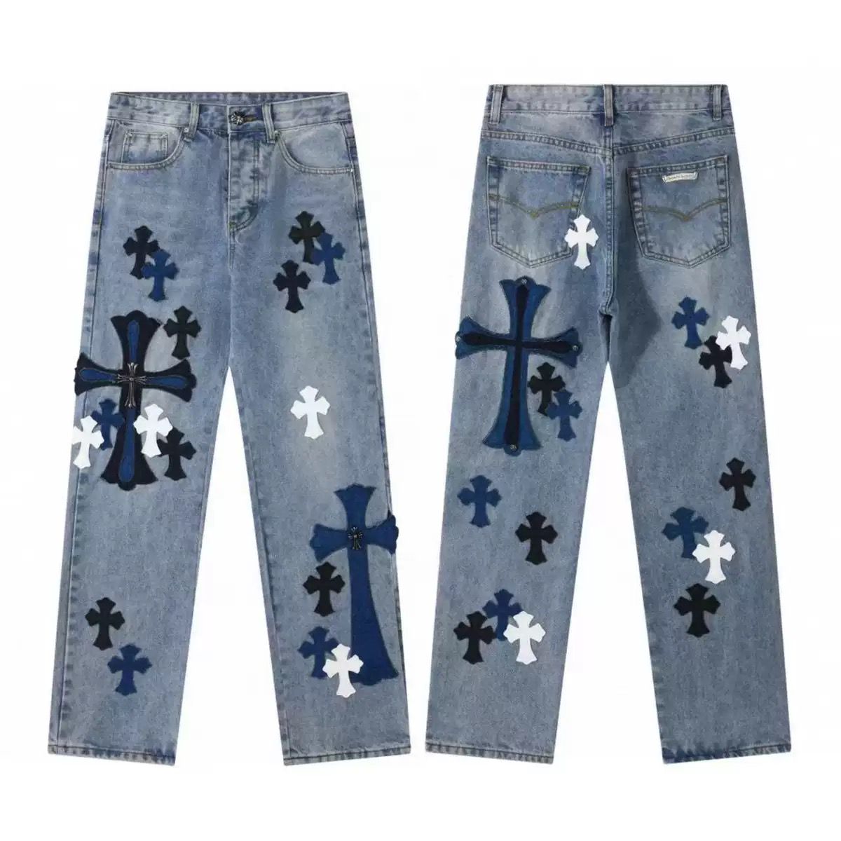 Authentic Chrome Hearts Chrome Hearts Cemetery Blue & Black Cross Patch Jeans – front view