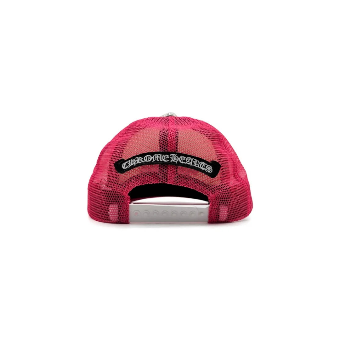 Authentic Chrome Hearts Chrome Hearts Cemetery Cross Patch Trucker Hat Pink White – front view