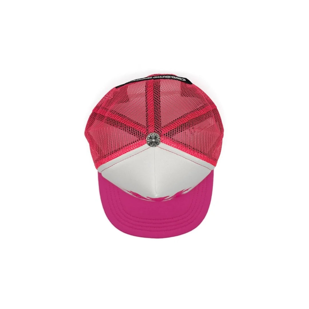 Authentic Chrome Hearts Chrome Hearts Cemetery Cross Patch Trucker Hat Pink White – front view