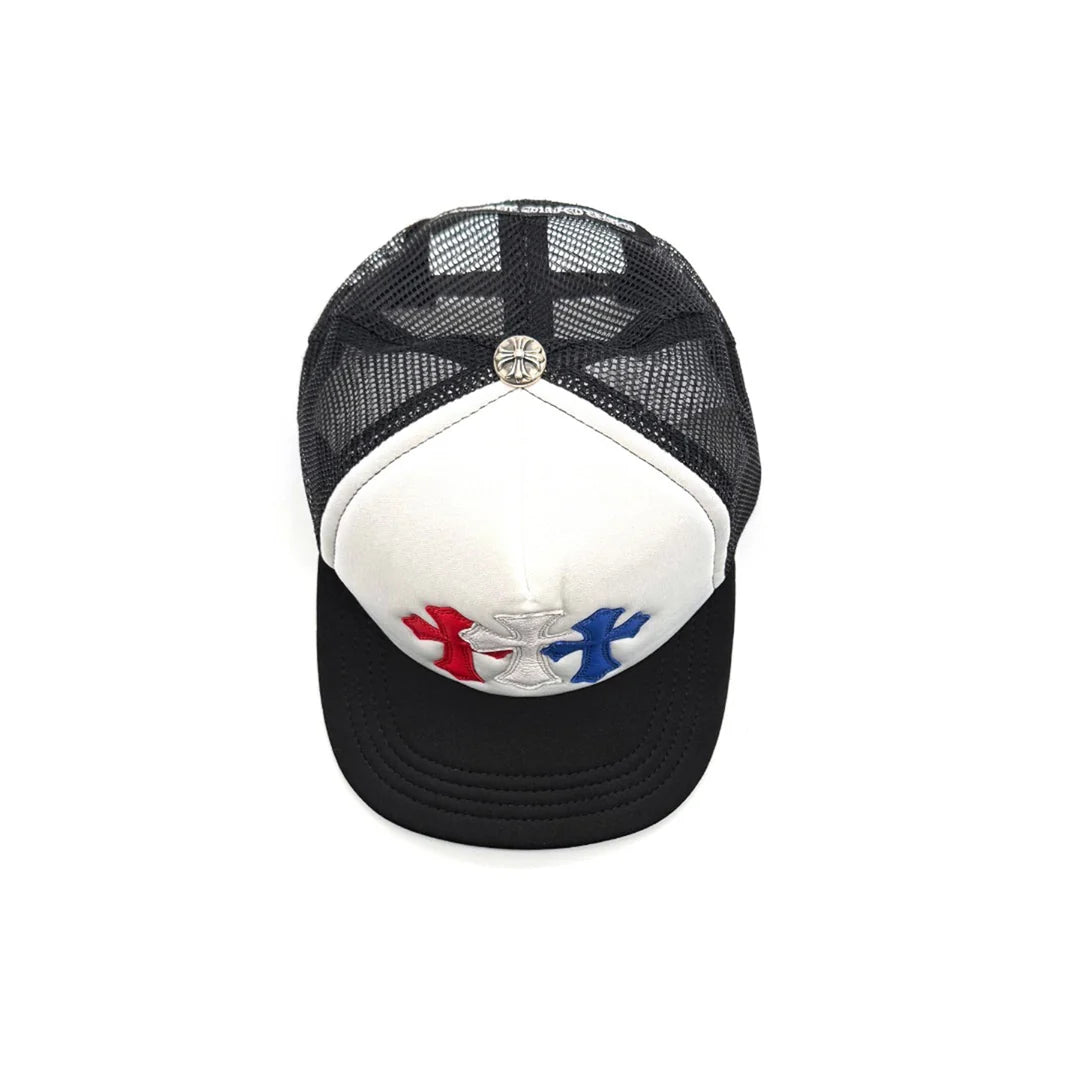 Authentic Chrome Hearts Chrome Hearts Cemetery Cross Patch Trucker Hat Pink White – front view