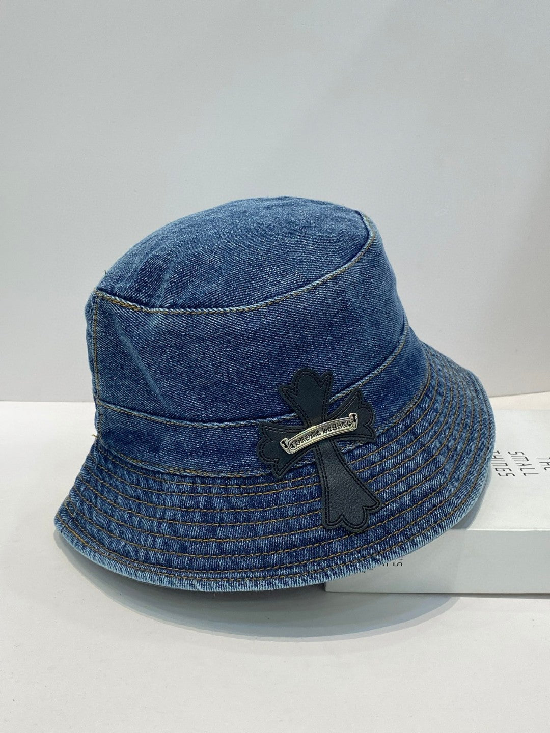 Authentic Chrome Hearts Chrome Hearts Denim Bucket Hat with Leather Cross Patch Blue – front view