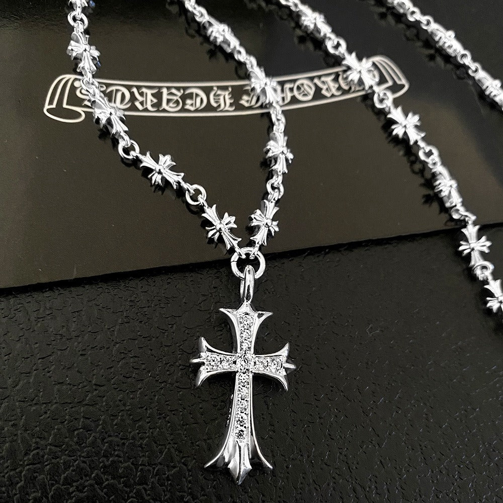 Chrome Hearts Diamond Cross Pendant Necklace — Cross Link Chain – necklace front view