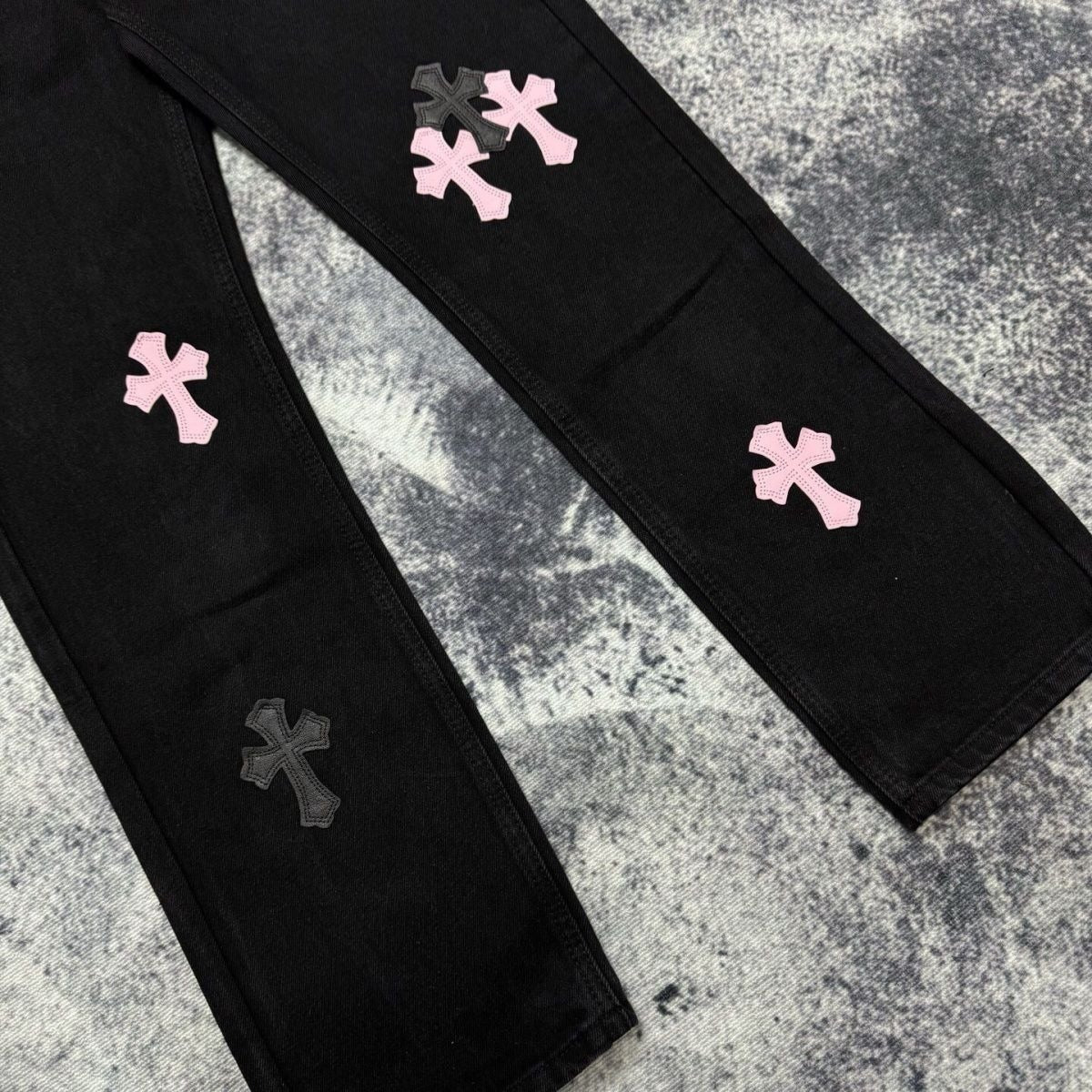 Authentic Chrome Hearts Chrome Hearts Fleur Knee Leather Cross Patch Pants – front view