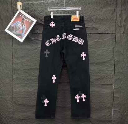 Authentic Chrome Hearts Chrome Hearts Fleur Knee Leather Cross Patch Pants – front view