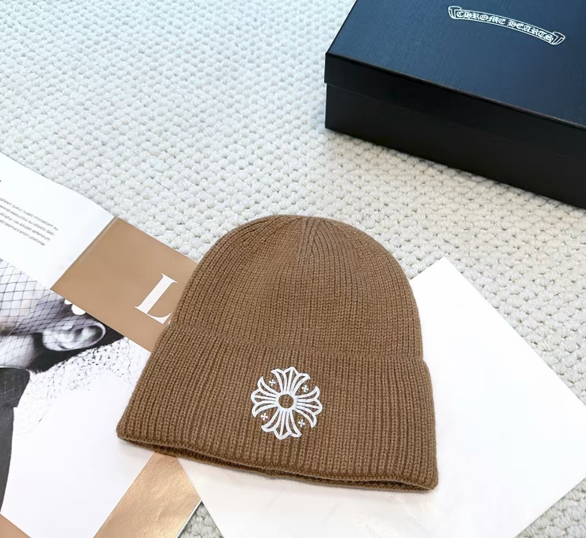 Authentic Chrome Hearts Chrome Hearts Floral Cross Knit Beanie Brown – front view