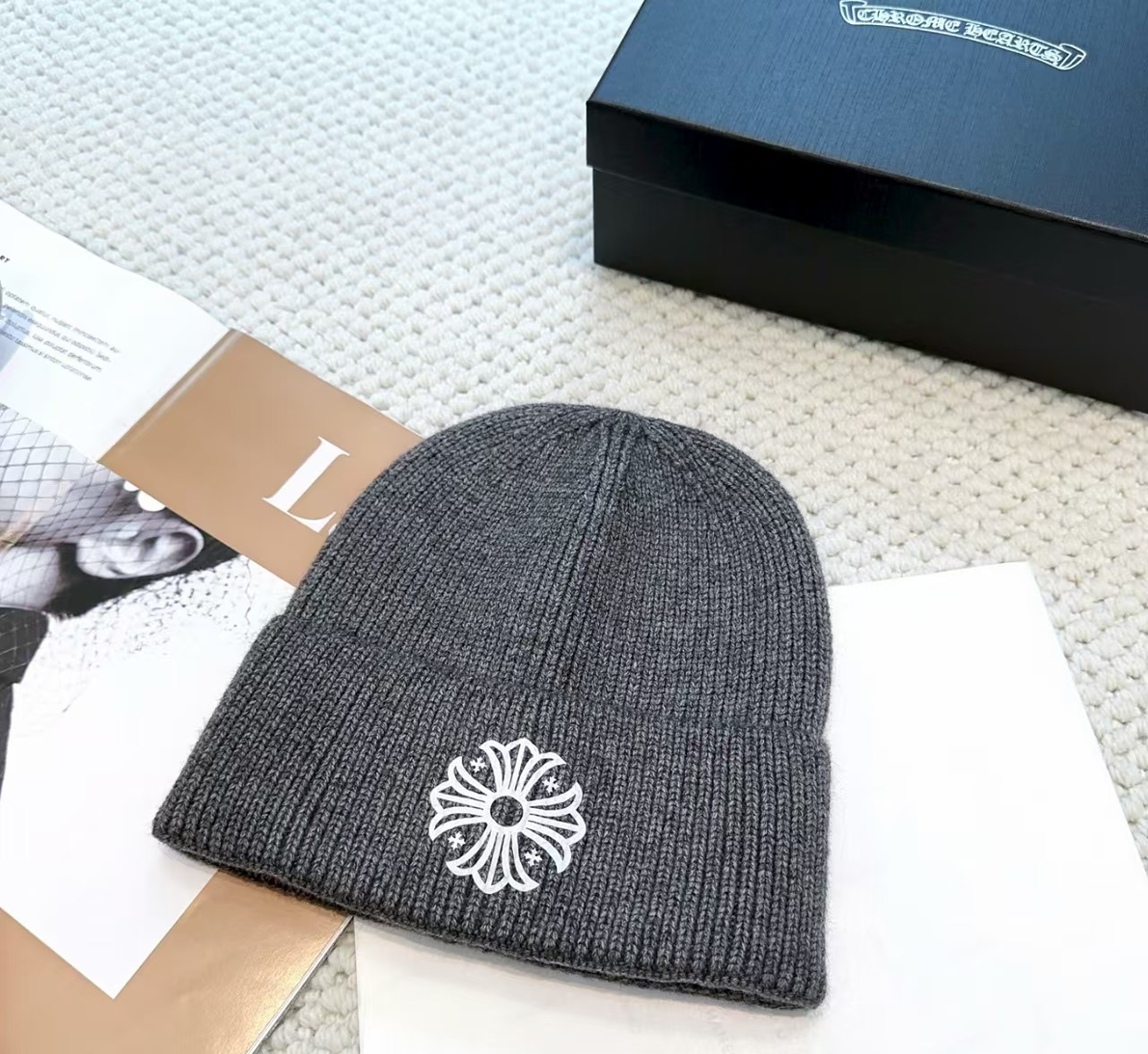 Authentic Chrome Hearts Chrome Hearts Floral Cross Knit Beanie Grey – front view