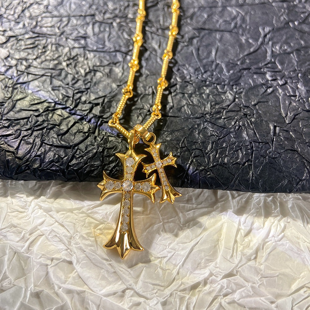 Authentic Chrome Hearts Chrome Hearts Gold Diamond Cross Pendant with Mini Cross Charm Necklace – front view