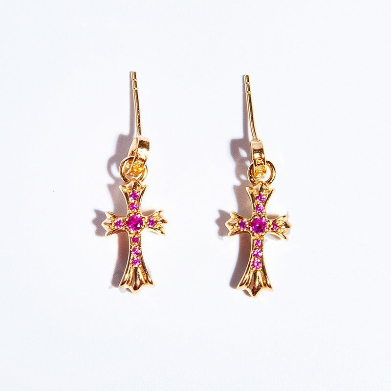Chrome Hearts Gold Ruby Cross Drop Earrings – earrings front view