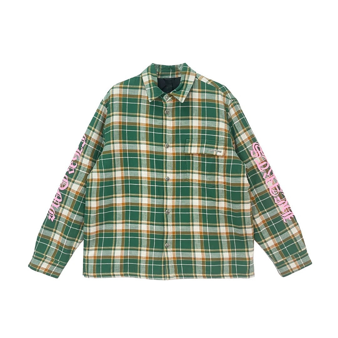 Chrome Hearts Green Flannel Shirt with Pink Sleeve Logo – hoodie front view