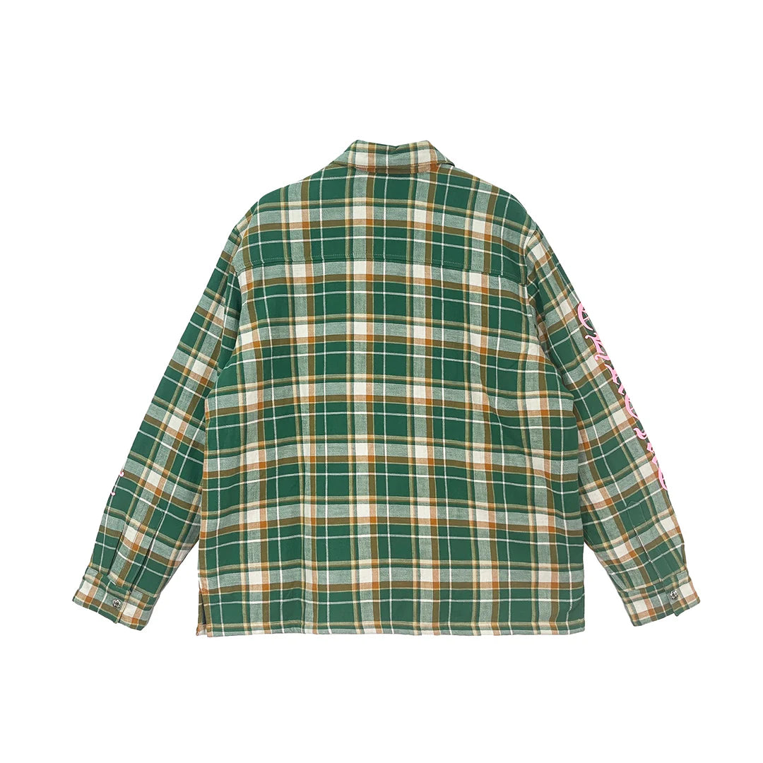 Authentic Chrome Hearts Chrome Hearts Green Flannel Shirt with Pink Sleeve Logo – front view