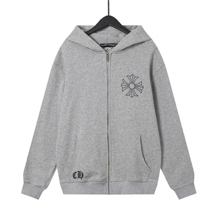 Authentic Chrome Hearts Chrome Hearts Grey Cross Floral Zip-up Hoodie â€“ front view
