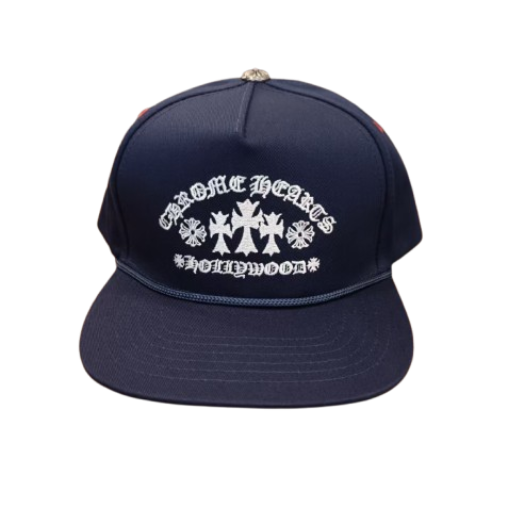 Authentic Chrome Hearts Chrome Hearts Hollywood Triple Cross Embroidered Snapback Hat Navy – front view