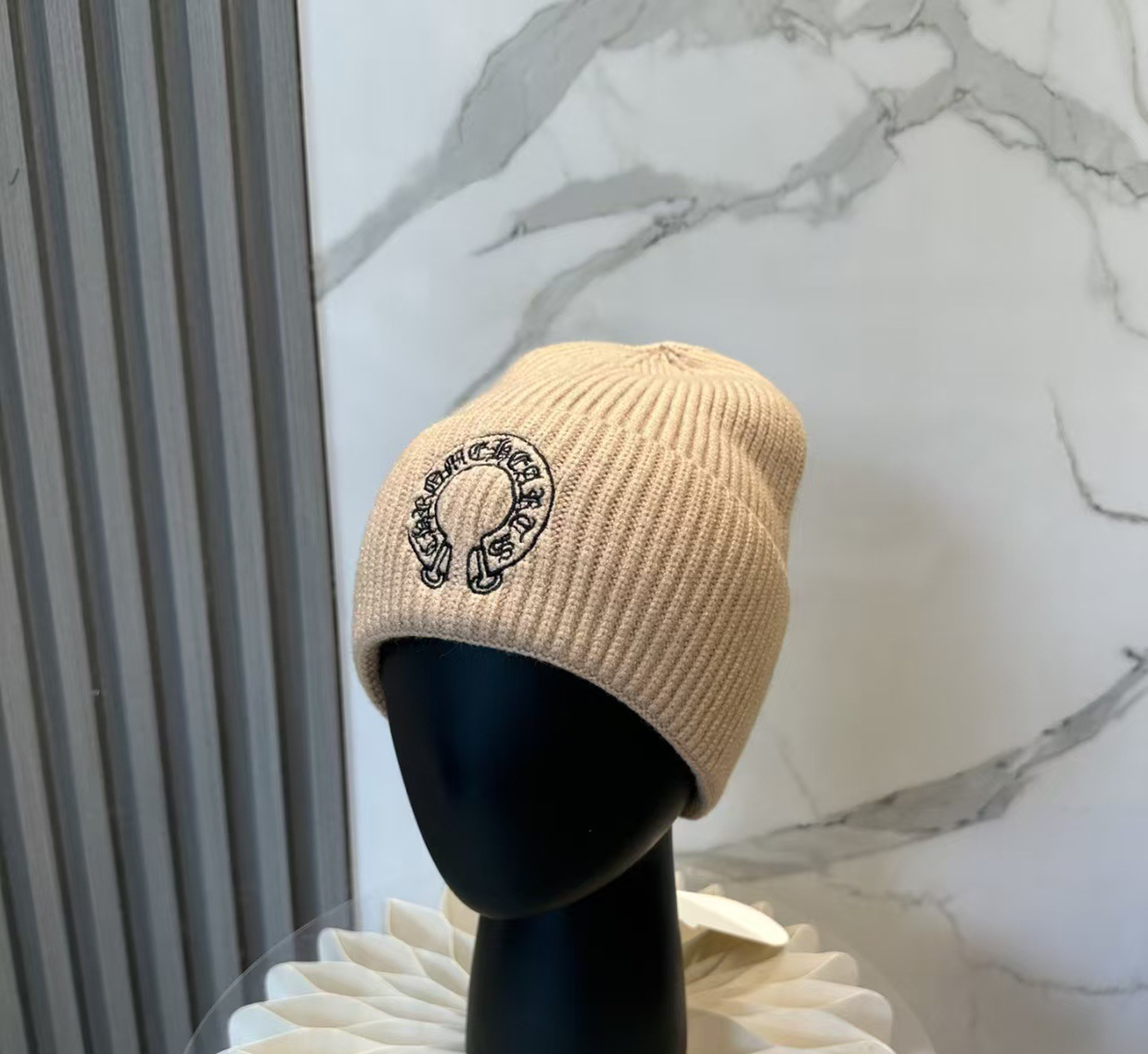 Authentic Chrome Hearts Chrome Hearts Horseshoe Knit Beanie Beige – front view
