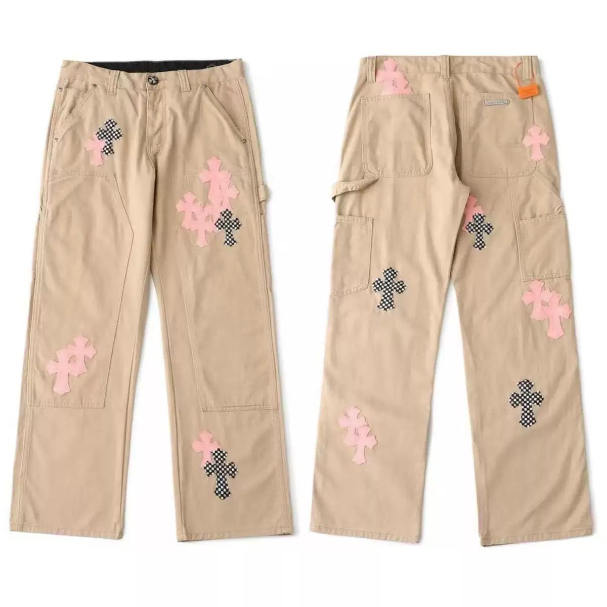 Authentic Chrome Hearts Chrome Hearts Khaki Carpenter Jeans Pink Cross Patches – front view