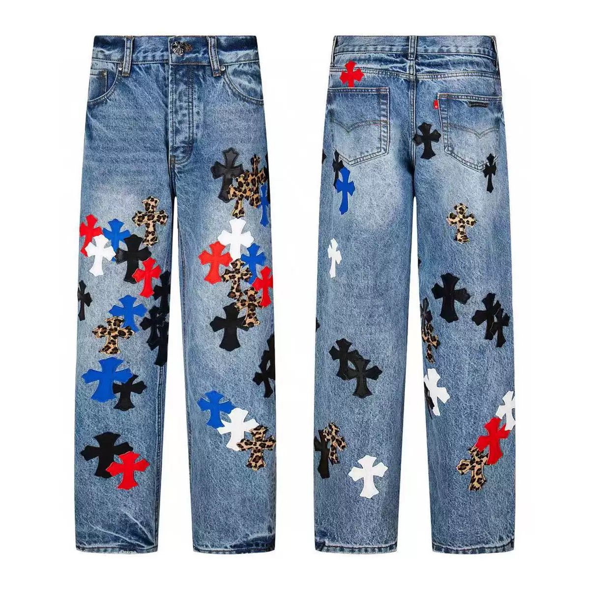 Authentic Chrome Hearts Chrome Hearts Multi Patch Leopard Cross Denim Jeans Blue – front view
