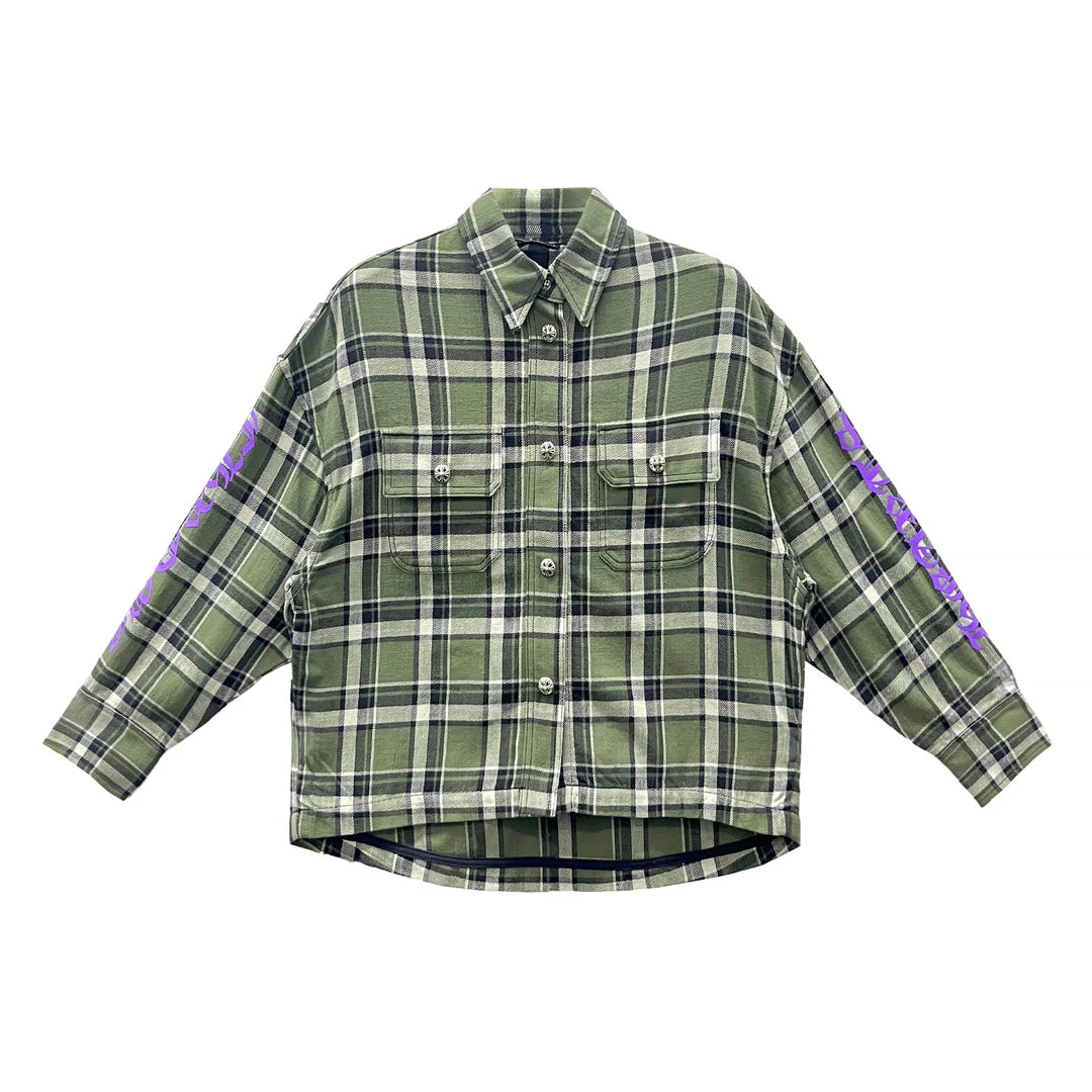 Chrome Hearts Olive Green Plaid Flannel with Purple Sleeve Logo – hoodie front view