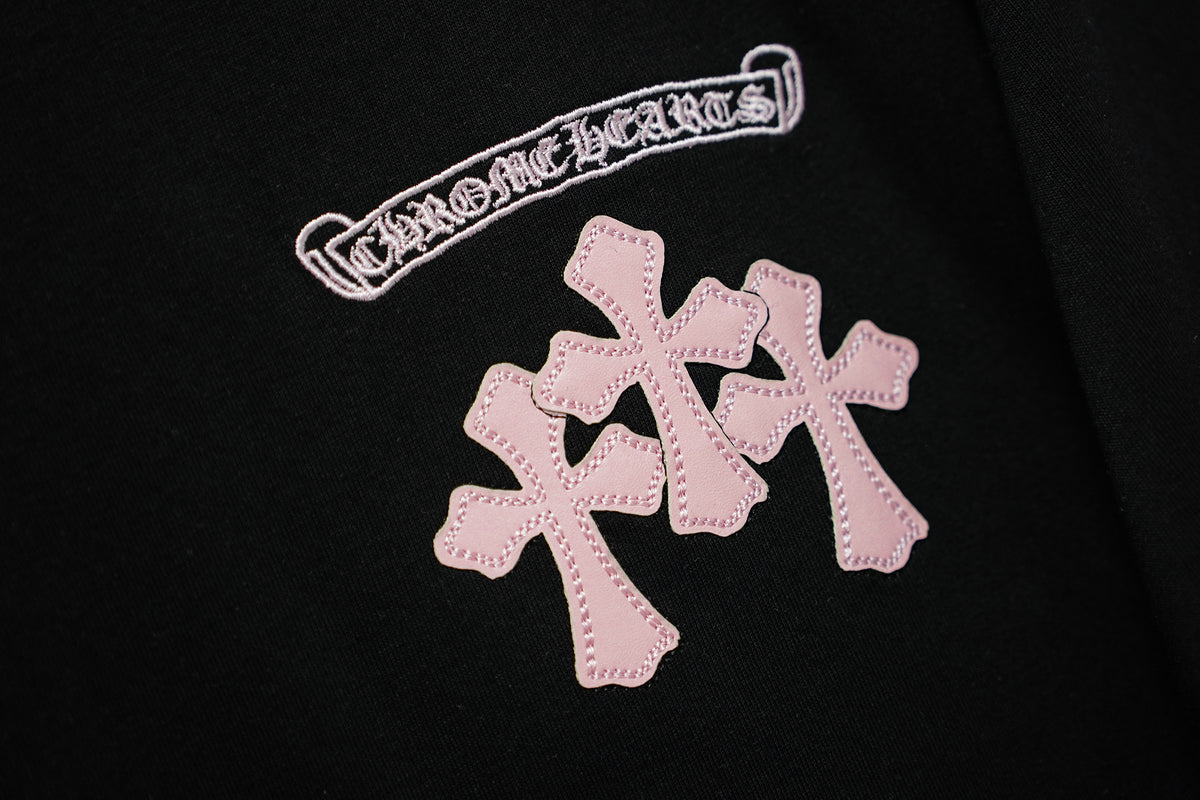 Authentic Chrome Hearts Chrome Hearts Pink Caution Cross Graphic Black Tee Shirt – front view