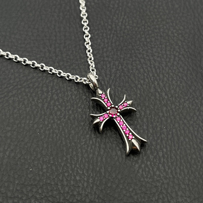 Authentic Chrome Hearts Chrome Hearts Red Ruby Cross Pendant Necklace – front view