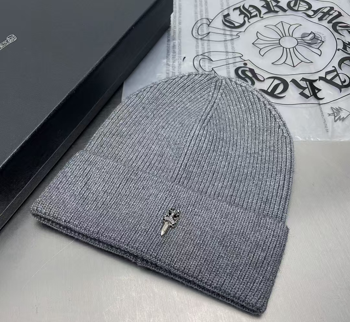 Authentic Chrome Hearts Chrome Hearts Silver Dagger Knit Beanie Grey – front view