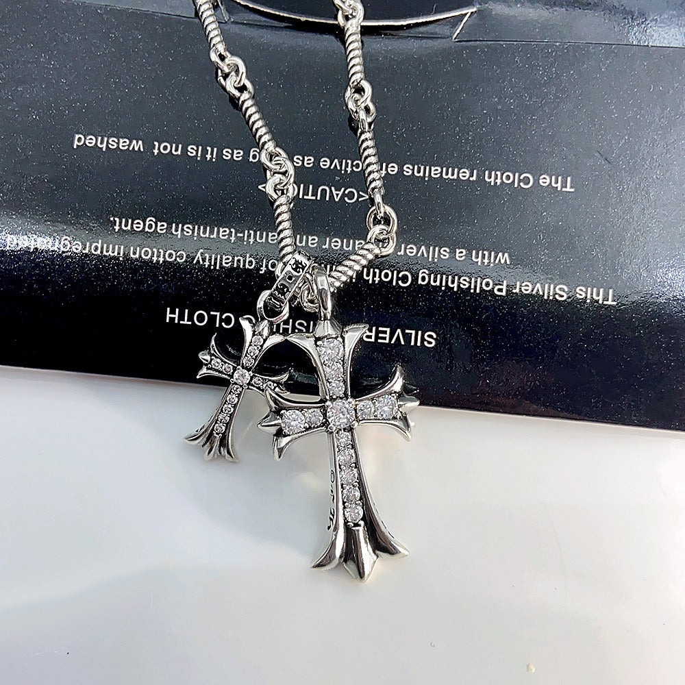 Authentic Chrome Hearts Chrome Hearts Silver Diamond Cross Pendant with Mini Cross Charm Necklace – front view