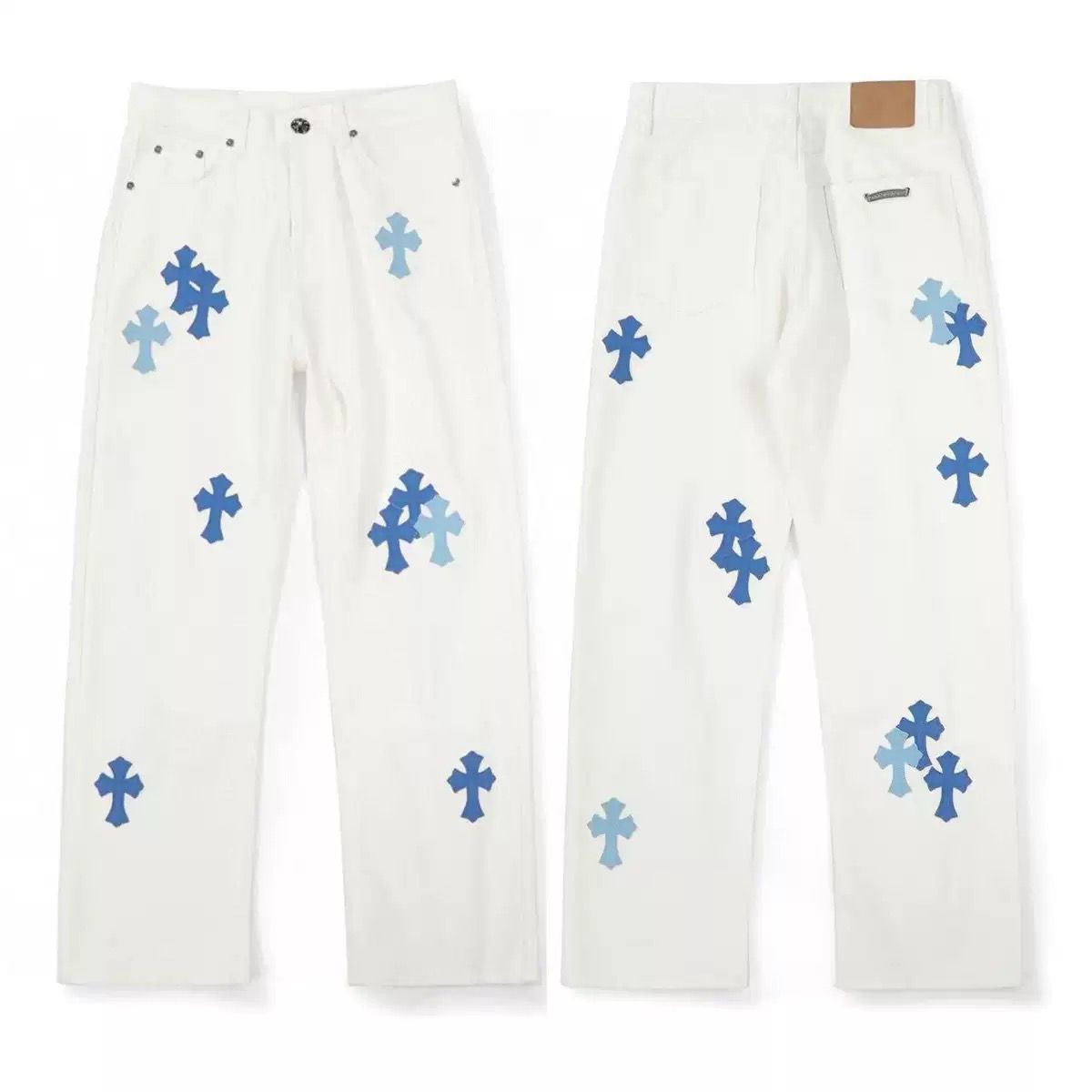 Chrome Hearts St Barth Baby Blue Cross Patch White Jeans – pants front view