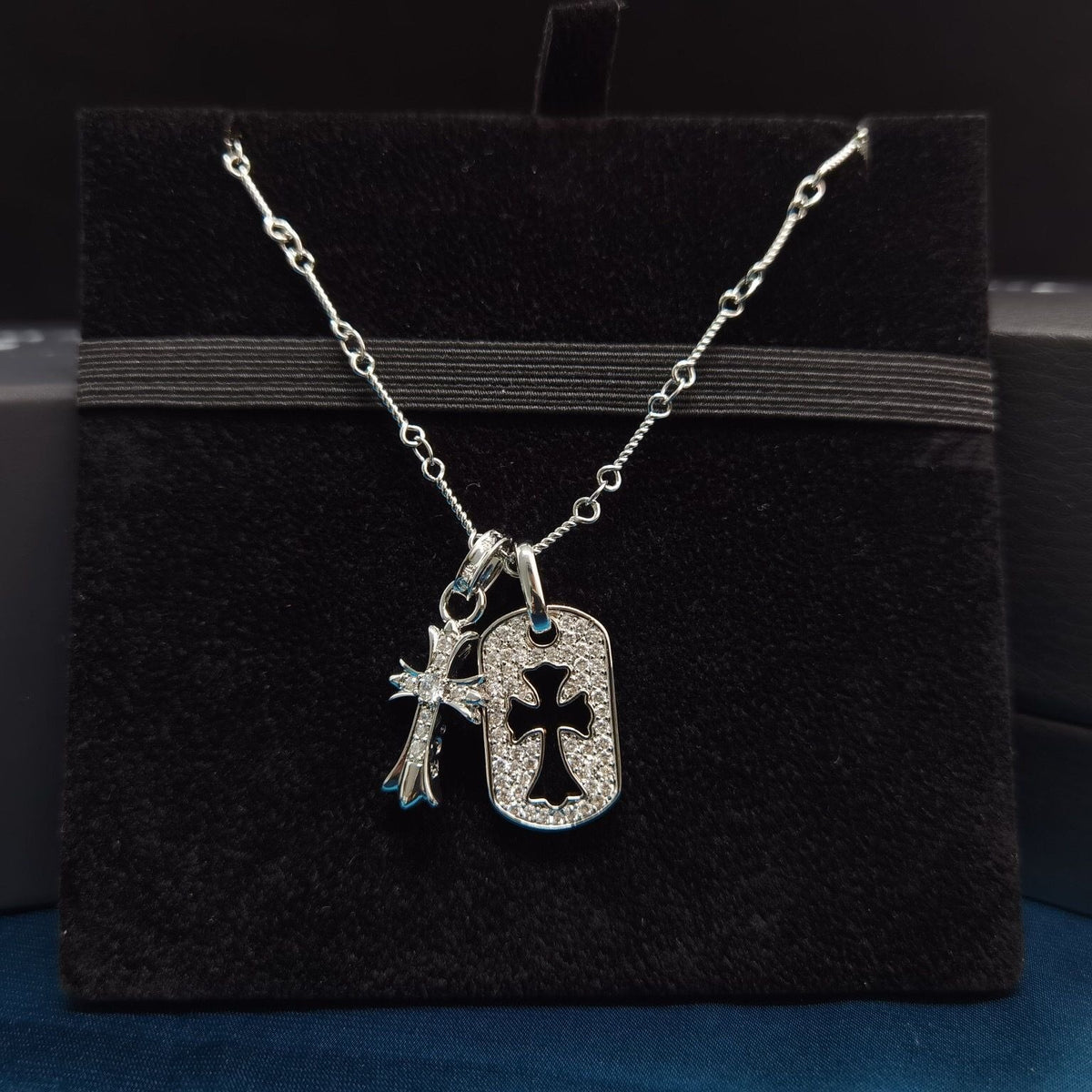 Chrome Hearts Sterling Silver Pavé Diamond Dog Tag Pendant Necklace – necklace front view