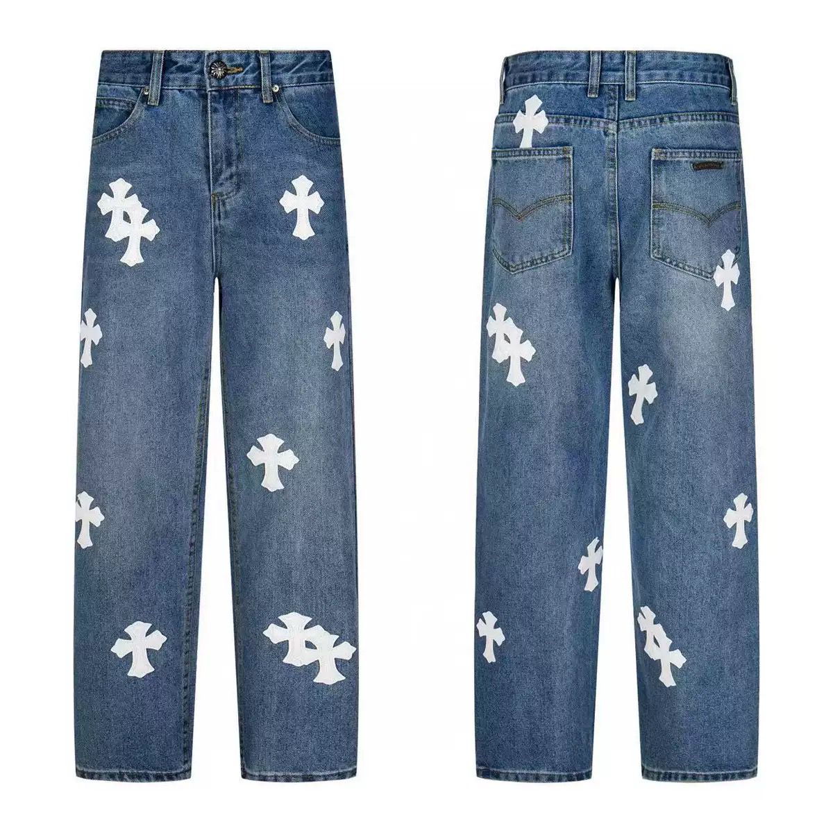 Authentic Chrome Hearts Chrome Hearts White Cross Patch Denim Jeans Blue – front view