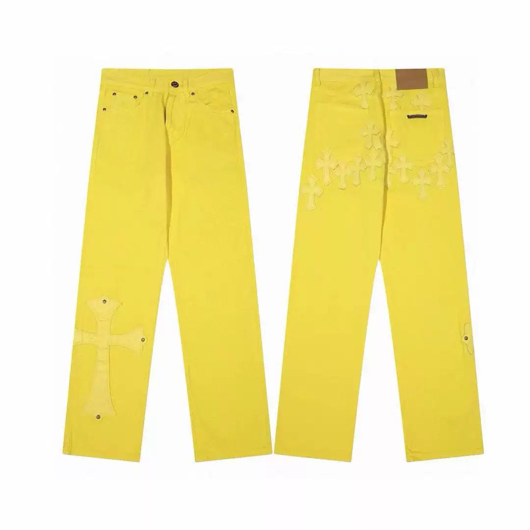 Authentic Chrome Hearts Chrome Hearts Yellow Leather Cross Patch Denim Jeans – front view