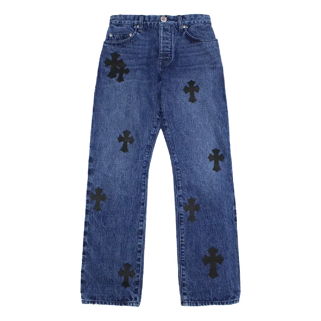 Authentic Chrome Hearts Cross Leather Patches Jeans â€“ front view