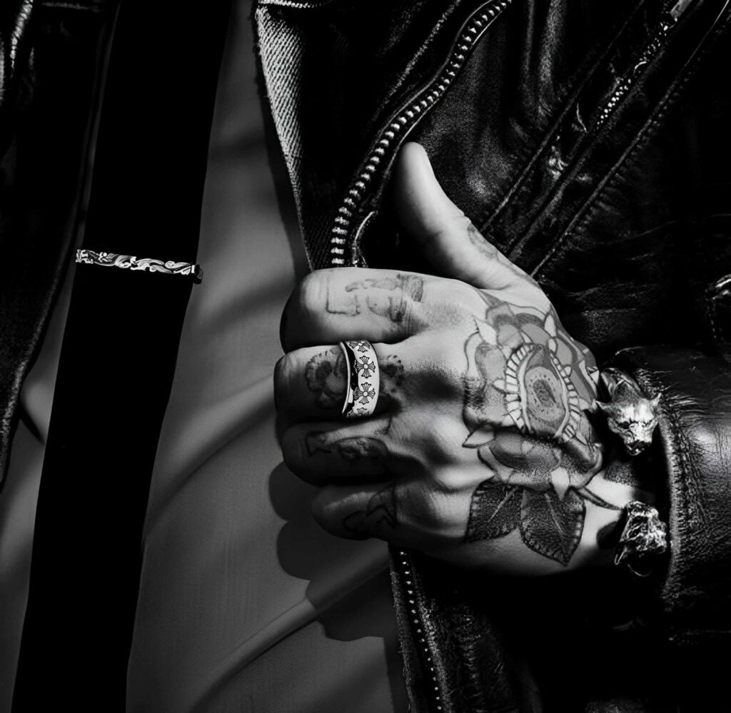Authentic Chrome Hearts Etched Plus Band Ring – ring detail close-up