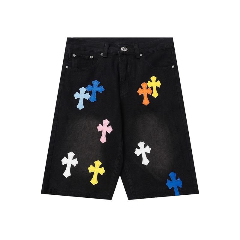 Authentic Chrome Hearts Chrome Hearts Black Denim Multi-Color Cross Patch Shorts – front view