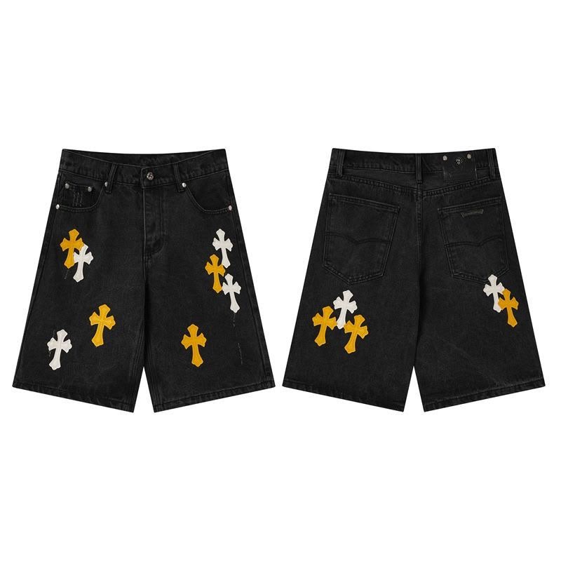 Authentic Chrome Hearts Chrome Hearts Black Denim Yellow Cross Patch Shorts – front view