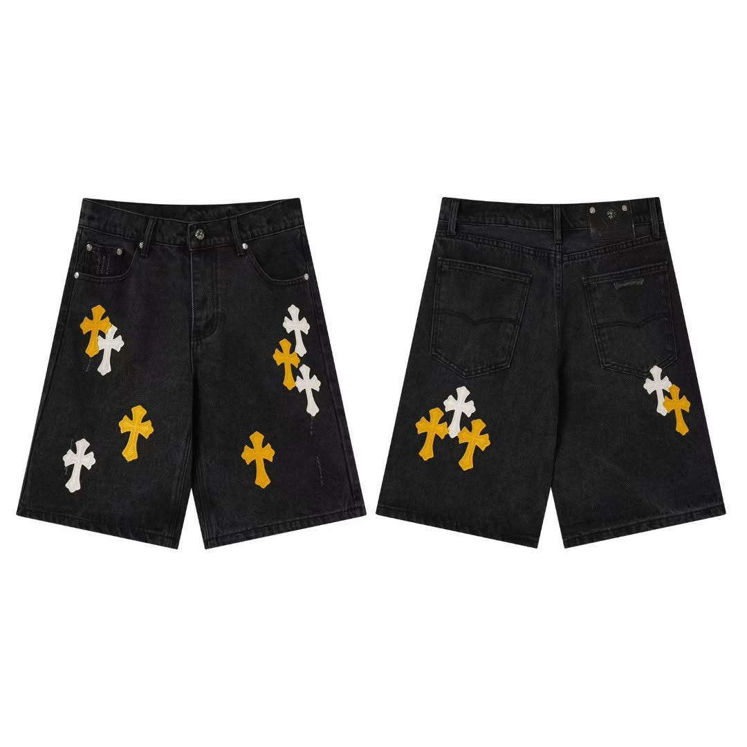 Authentic Chrome Hearts Chrome Hearts Black Denim Yellow & White Cross Patch Shorts – front view