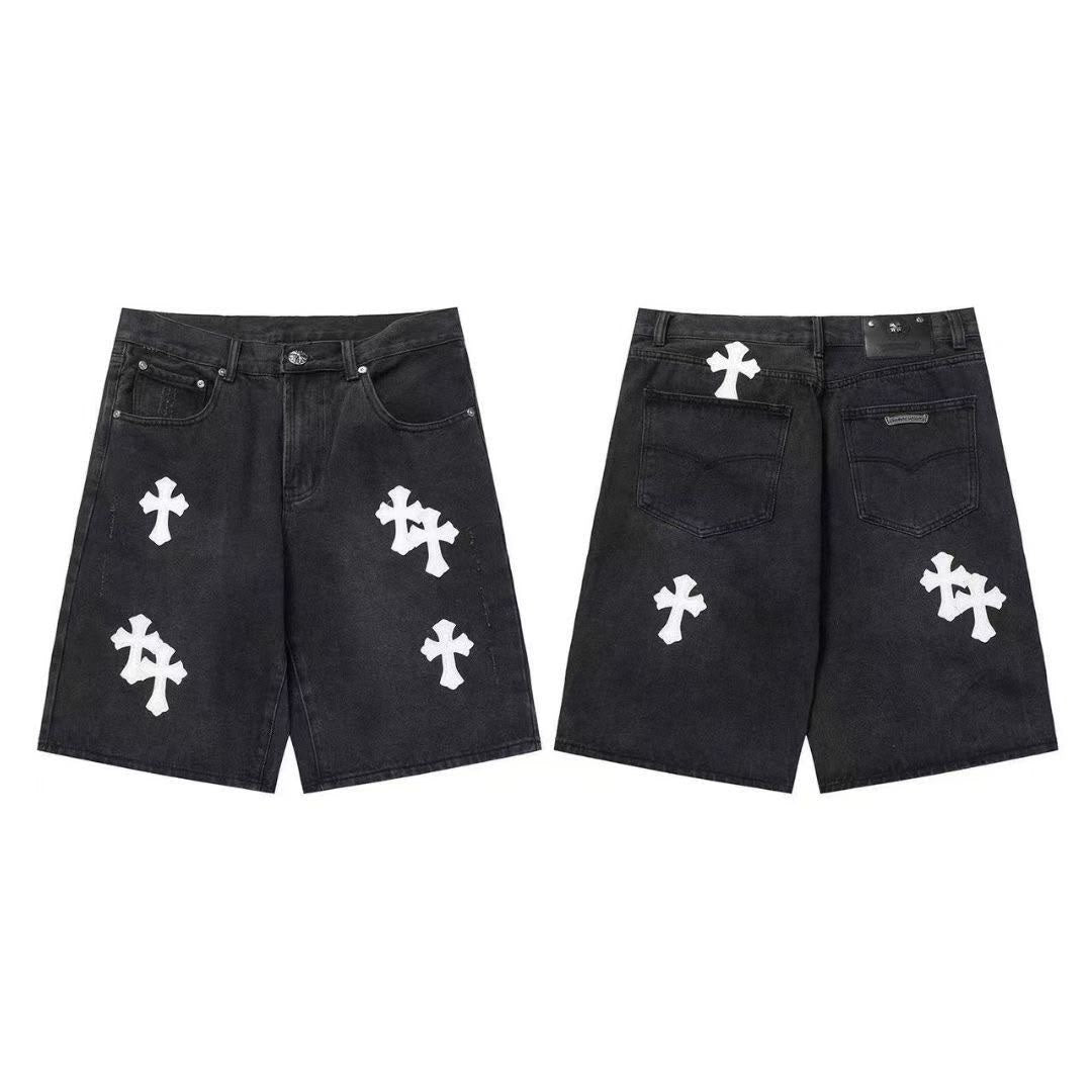 Authentic Chrome Hearts Chrome Hearts Washed Black Denim White Cross Patch Shorts – front view