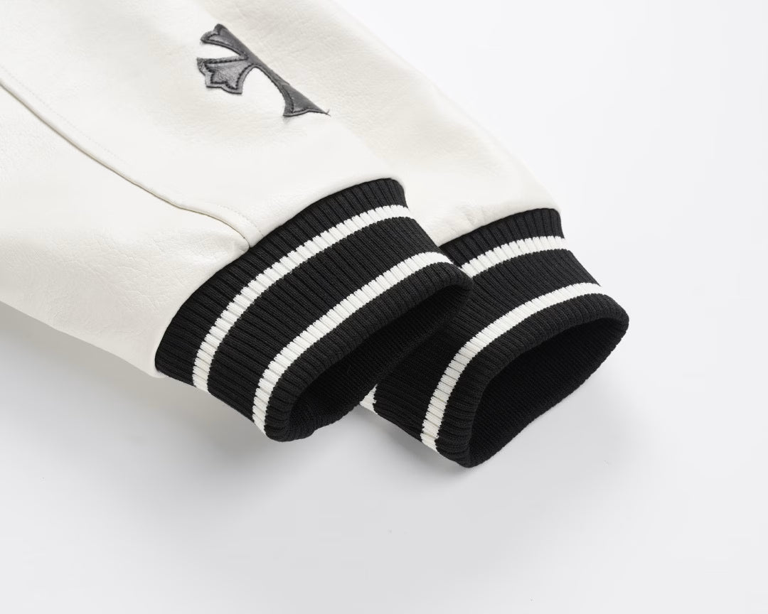 Authentic Chrome Hearts Chrome Hearts Varsity Jacket Black/White Leather Sleeves â€“ front view