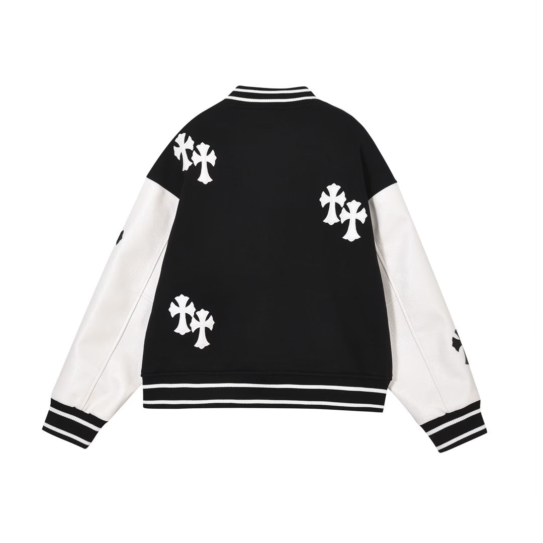 Authentic Chrome Hearts Chrome Hearts Varsity Jacket Black/White Leather Sleeves â€“ front view