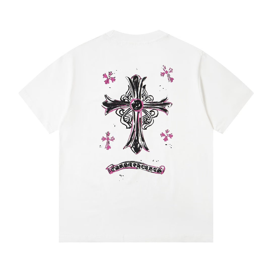 Authentic Chrome Hearts Chrome Hearts Pink Sketch Cross Tee White â€“ front view