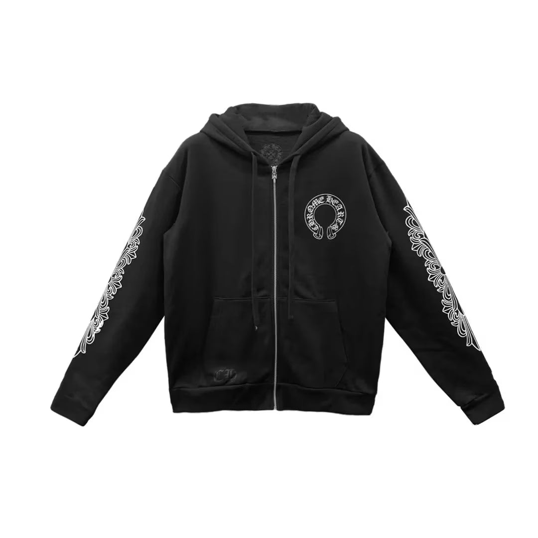 Authentic Chrome Hearts Chrome Hearts Zip Up Hoodie F**kyou Horseshoe Floral Sleeve â€“ front view