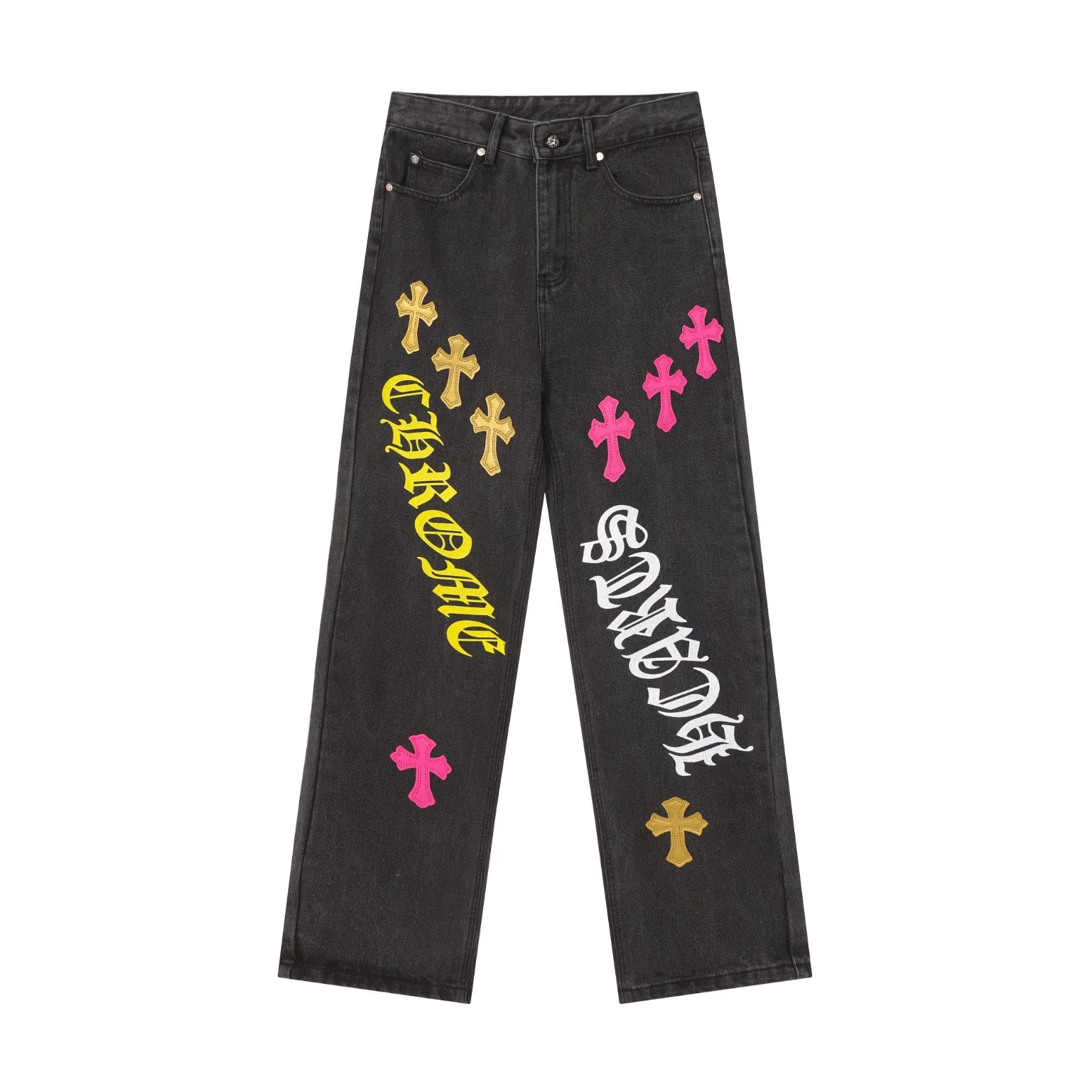 Authentic Chrome Hearts Chrome Hearts Multi Cross Graphic Black Straight Leg Jeans â€“ front view