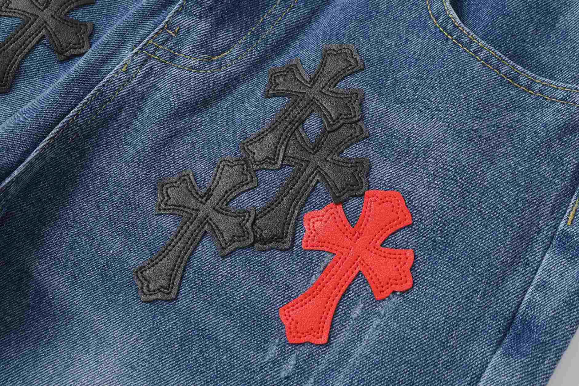 Authentic Chrome Hearts Chrome Hearts Red & Black Cross Patch Blue Jeans â€“ front view