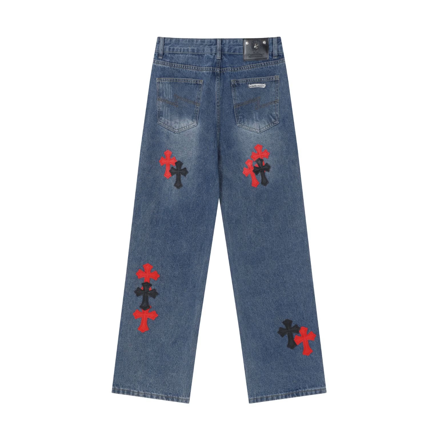 Authentic Chrome Hearts Chrome Hearts Red & Black Cross Patch Blue Jeans â€“ front view