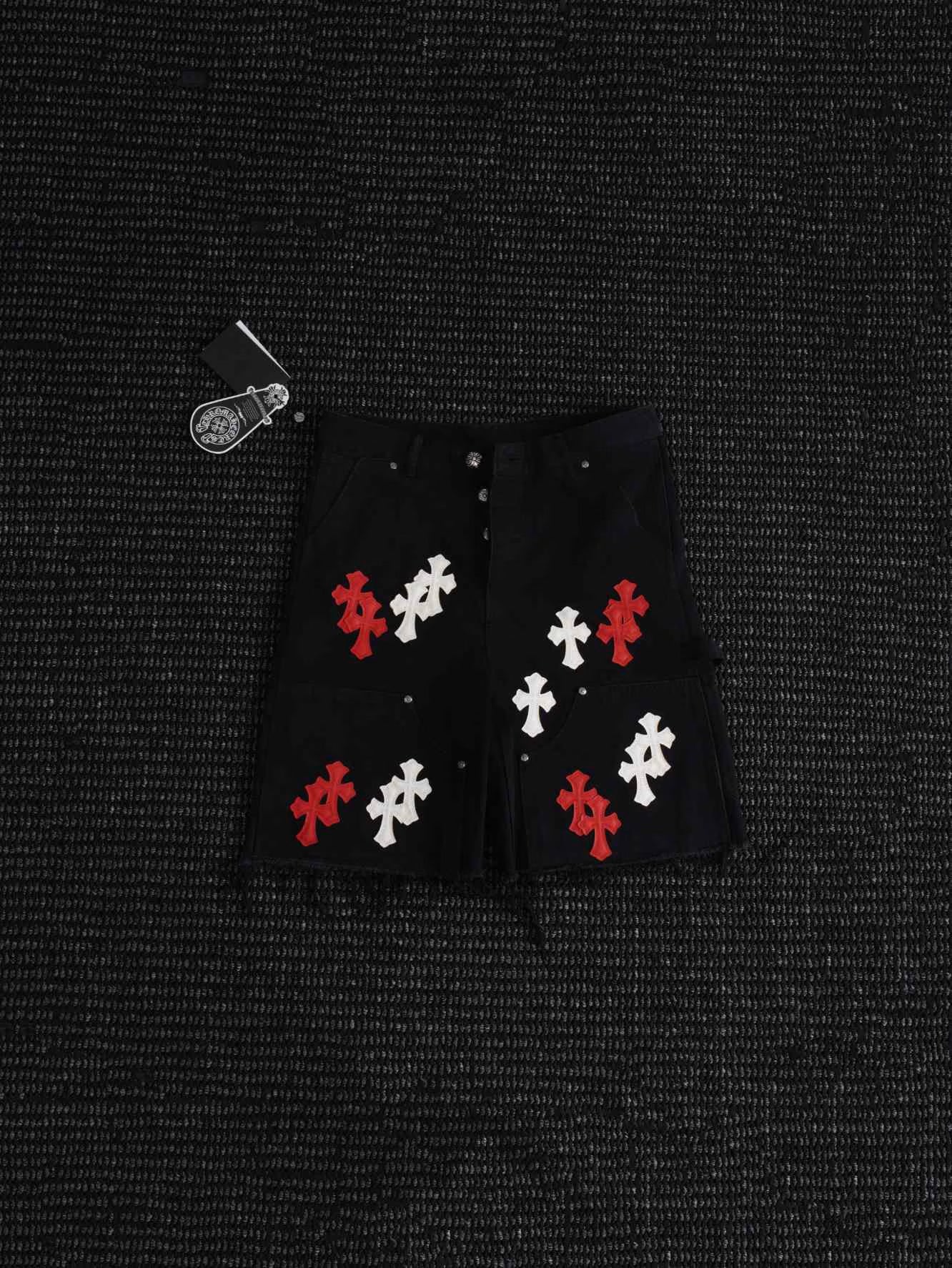 Authentic Chrome Hearts Chrome Hearts Red & White Cross Denim Shorts â€“ front view