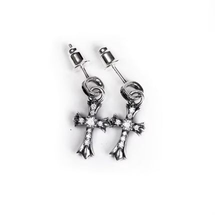 Authentic Chrome Hearts CH Cross Baby Fat Stud Earrings With PavÃ© Diamond â€“ front view